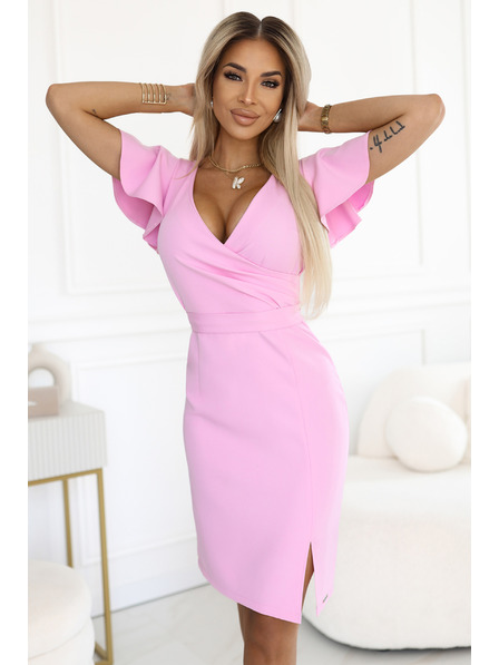 numoco 479-10 NINA елегантна рокля с V-образно деколте, ръкави и колан - захарно розова