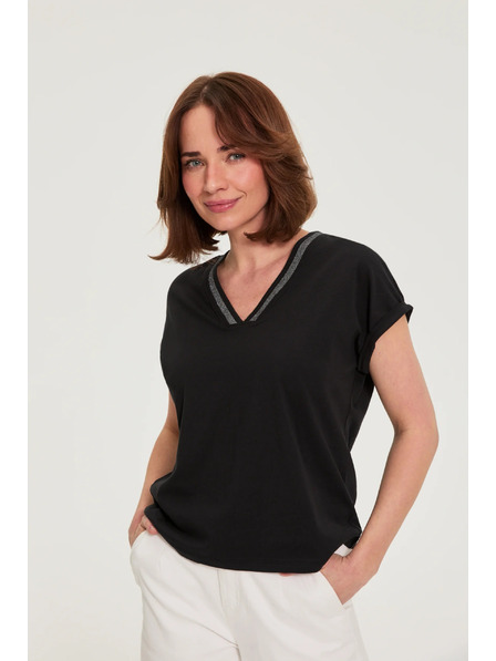 Moodo Памучна тениска с V-образно деколте черна Moodo