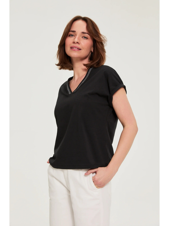 Moodo Памучна тениска с V-образно деколте черна Moodo