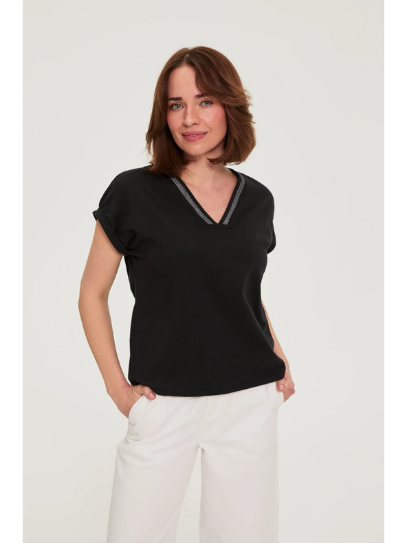 Moodo Памучна тениска с V-образно деколте черна Moodo