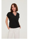 Moodo Памучна тениска с V-образно деколте черна Moodo