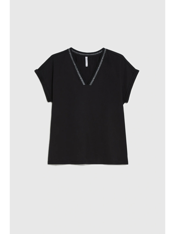 Moodo Памучна тениска с V-образно деколте черна Moodo
