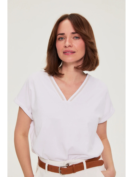 Moodo Памучна тениска с V-образно деколте бяла Moodo