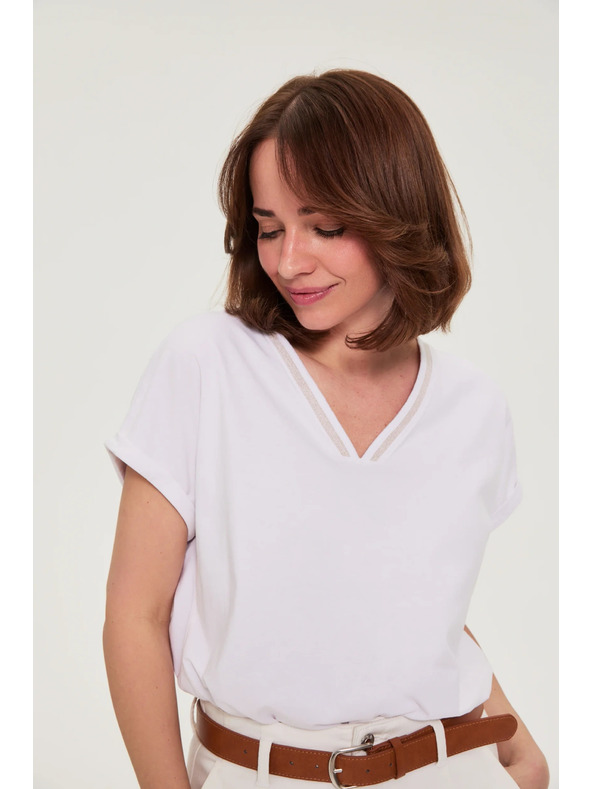 Moodo Памучна тениска с V-образно деколте бяла Moodo
