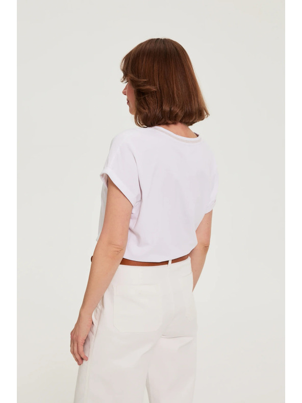 Moodo Памучна тениска с V-образно деколте бяла Moodo