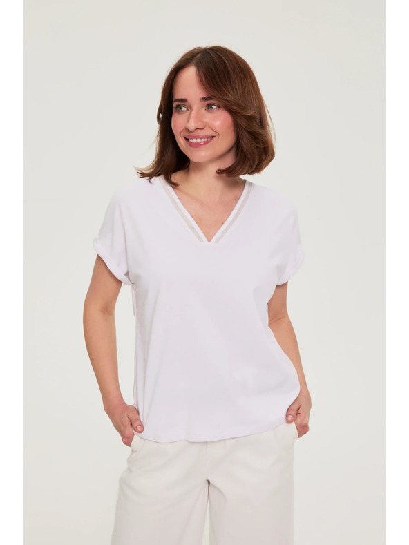 Moodo Памучна тениска с V-образно деколте бяла Moodo