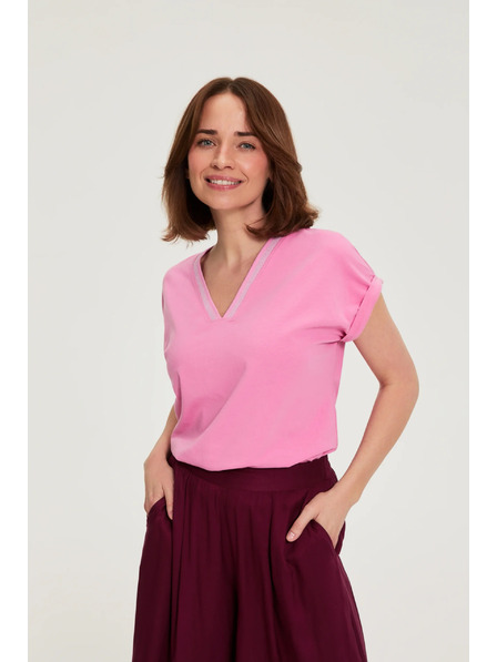 Moodo Памучна тениска с V-образно деколте розова Moodo