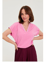 Moodo Памучна тениска с V-образно деколте розова Moodo