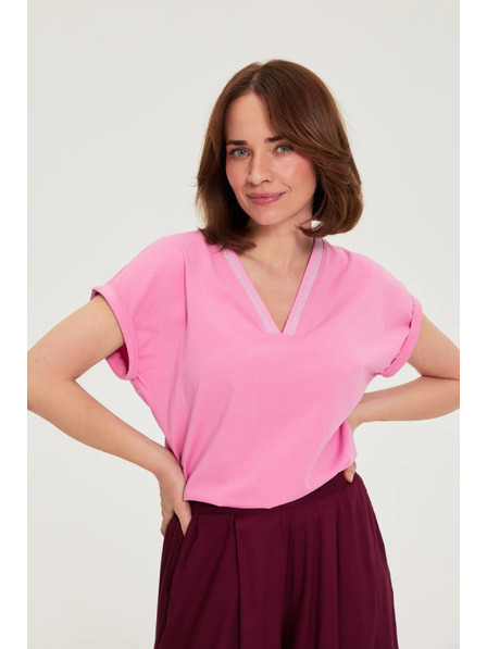 Moodo Памучна тениска с V-образно деколте розова Moodo