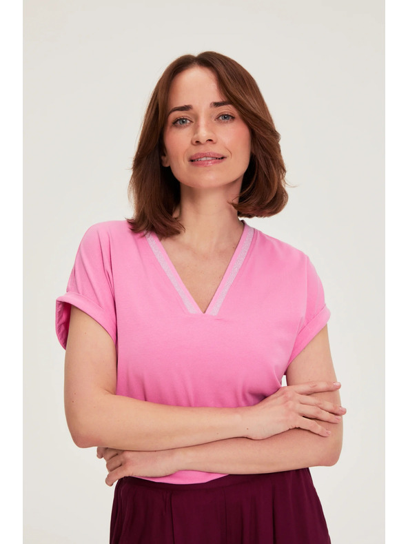 Moodo Памучна тениска с V-образно деколте розова Moodo