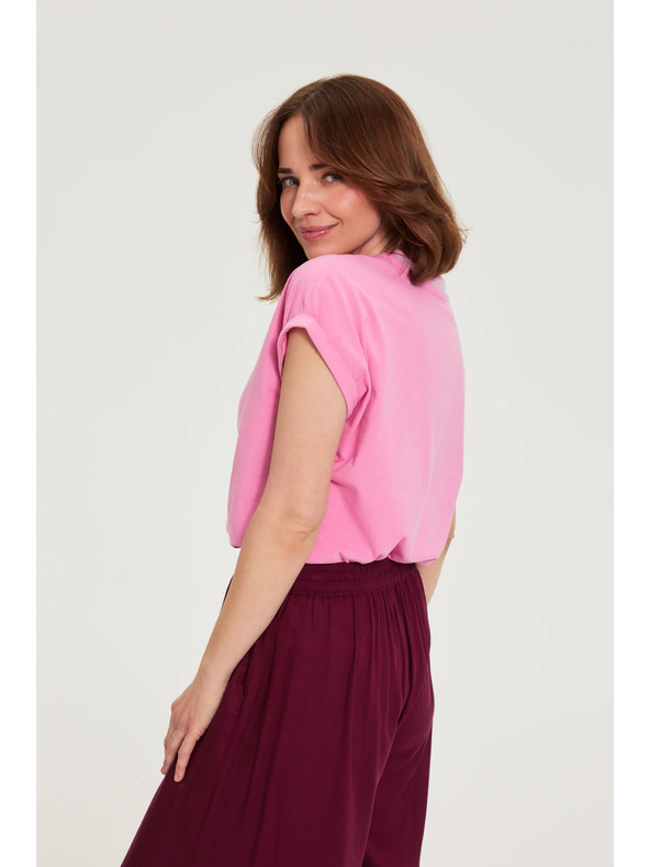 Moodo Памучна тениска с V-образно деколте розова Moodo