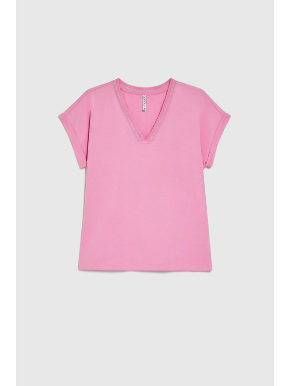 Moodo Памучна тениска с V-образно деколте розова Moodo