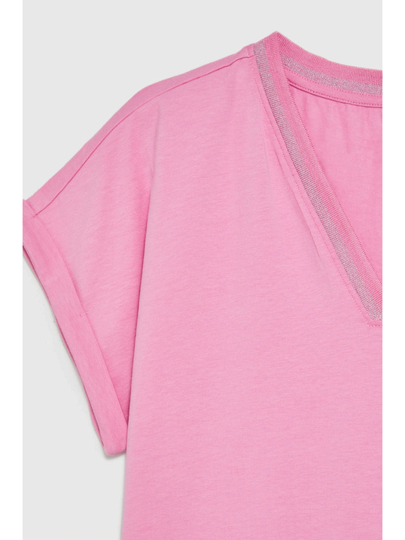 Moodo Памучна тениска с V-образно деколте розова Moodo