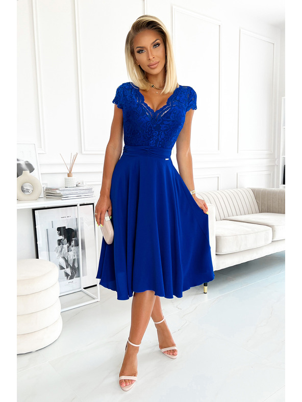 numoco Рокля от шифон с дантелено деколте - синя Numoco LINDA