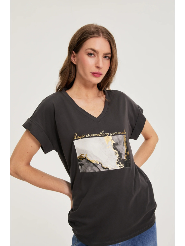 Moodo Памучна блуза с печат сива Moodo