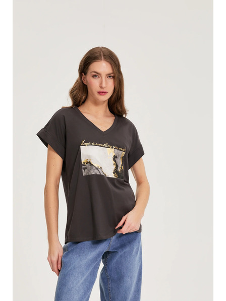 Moodo Памучна блуза с печат сива Moodo