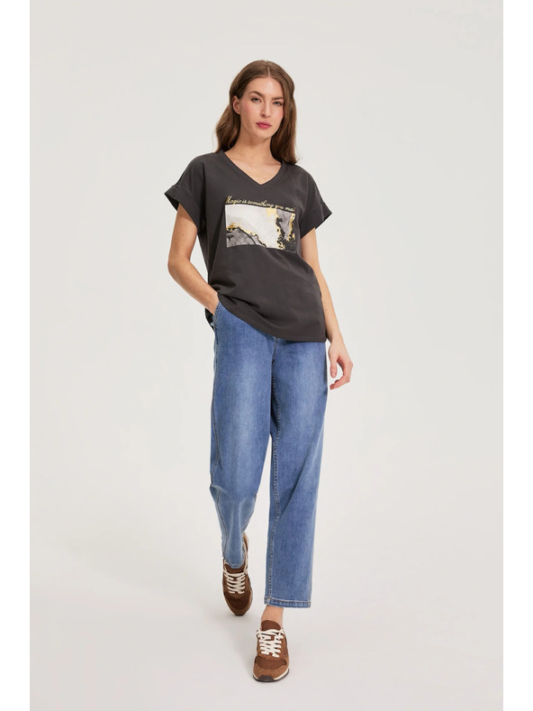 Moodo Памучна блуза с печат сива Moodo