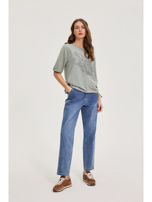 Moodo Памучна блуза с мъниста маслинена Moodo