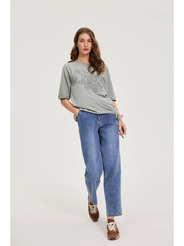 Moodo Памучна блуза с мъниста маслинена Moodo