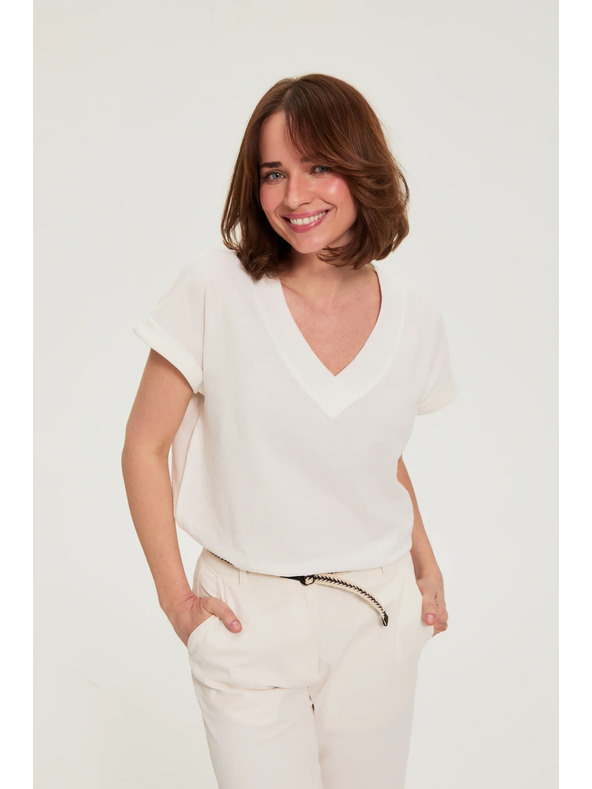 Moodo Памучна блуза с V деколте бяла Moodo