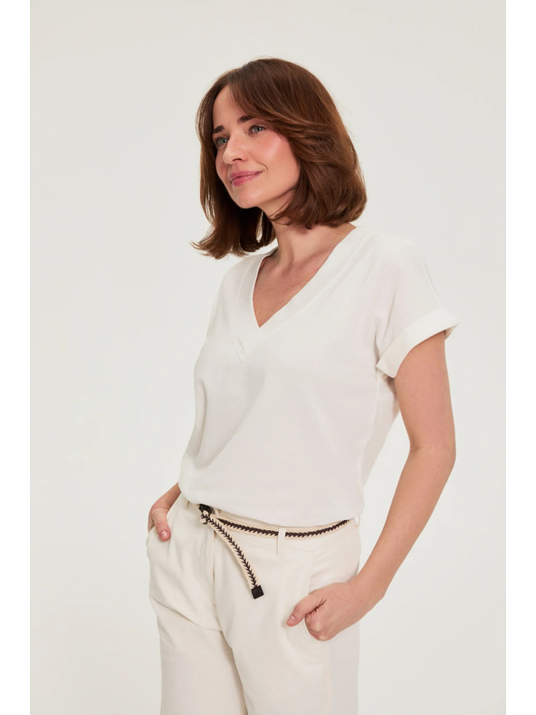 Moodo Памучна блуза с V деколте бяла Moodo