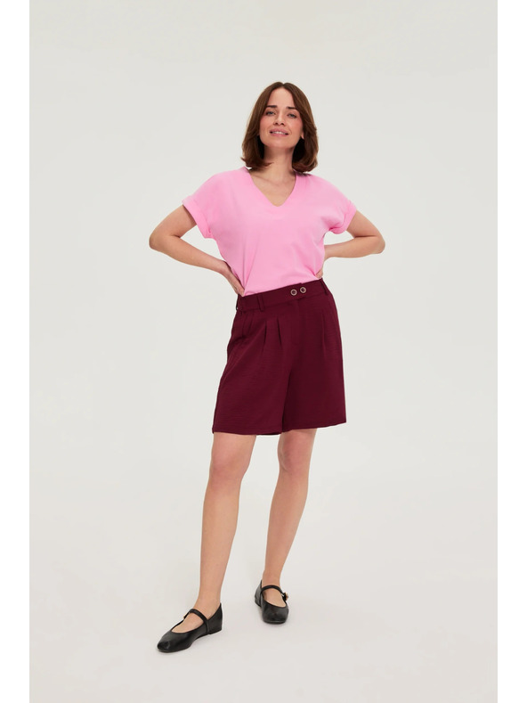 Moodo Памучна блуза с V деколте розова Moodo