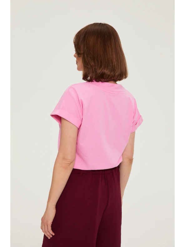 Moodo Памучна блуза с V деколте розова Moodo