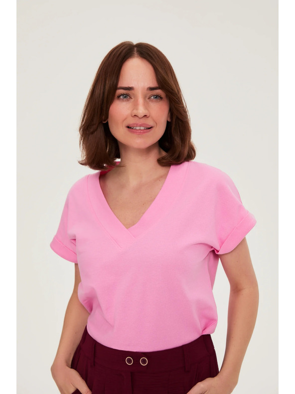Moodo Памучна блуза с V деколте розова Moodo