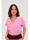 Moodo Памучна блуза с V деколте розова Moodo