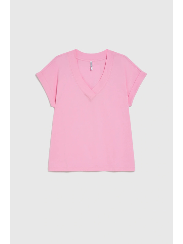Moodo Памучна блуза с V деколте розова Moodo