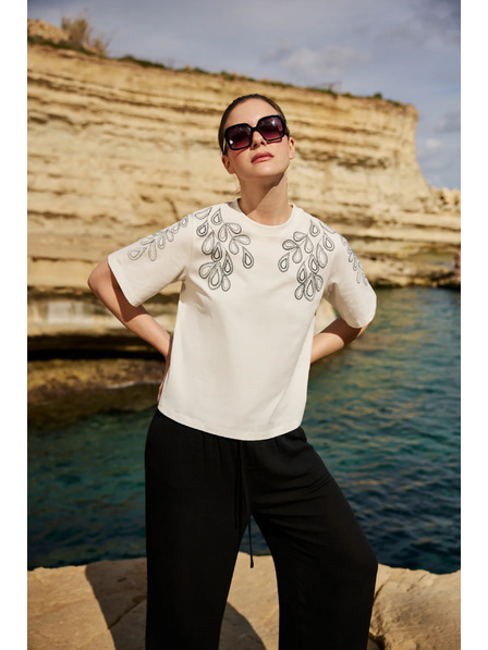 Moodo Памучна блуза с принт в бяло Moodo