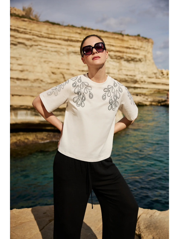 Moodo Памучна блуза с принт в бяло Moodo