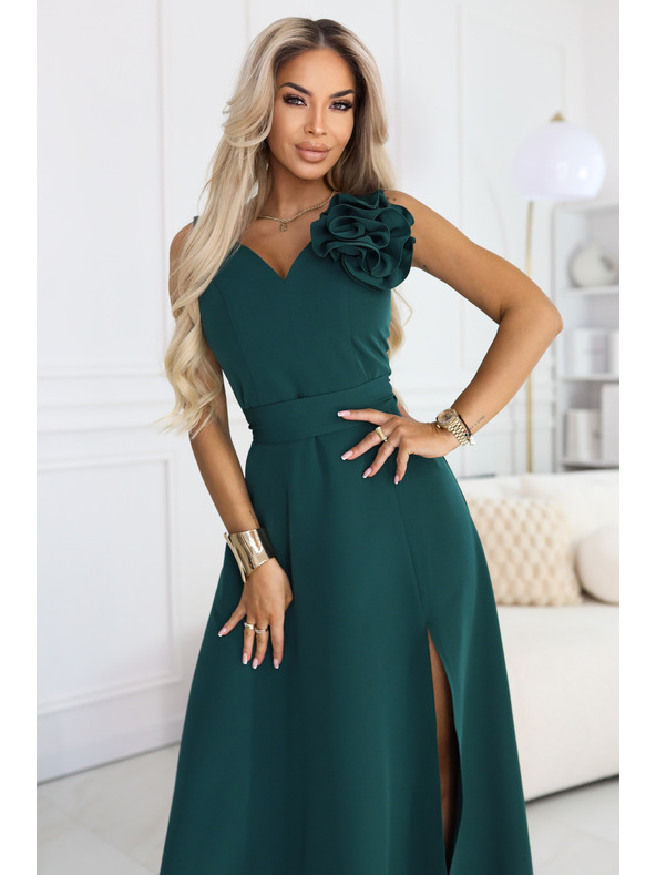 numoco Романтични макси рокля с цвете на рамото и цепка - бутилка зелено