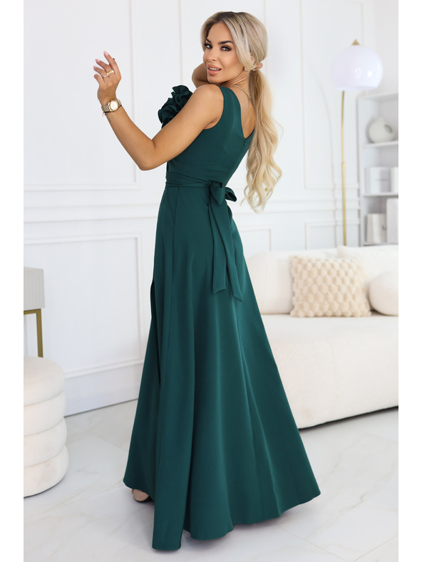 numoco Романтични макси рокля с цвете на рамото и цепка - бутилка зелено