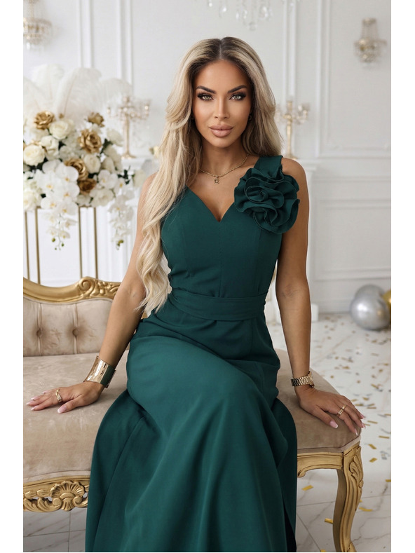 numoco Романтични макси рокля с цвете на рамото и цепка - бутилка зелено