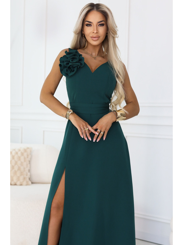 numoco Романтични макси рокля с цвете на рамото и цепка - бутилка зелено