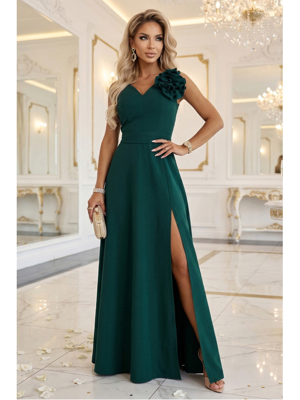 numoco Романтични макси рокля с цвете на рамото и цепка - бутилка зелено