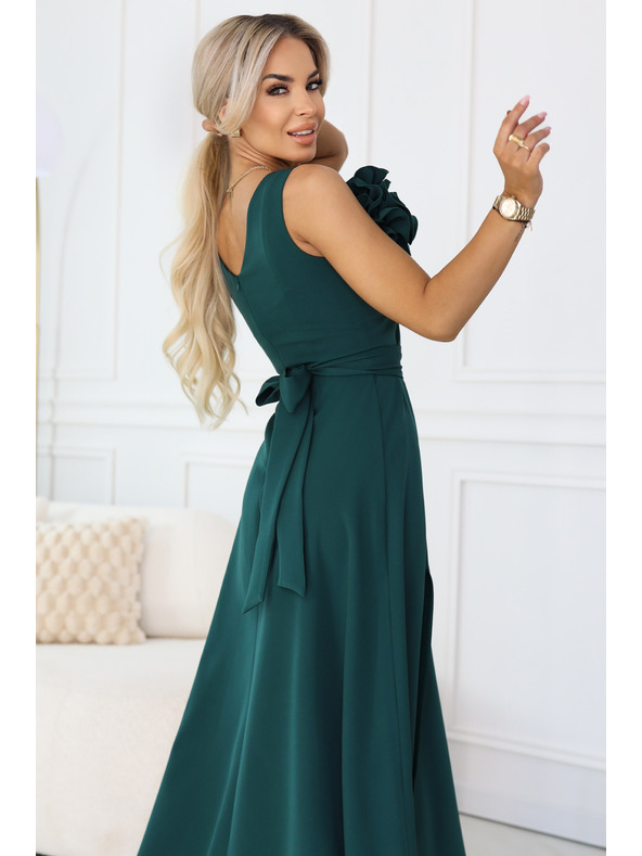 numoco Романтични макси рокля с цвете на рамото и цепка - бутилка зелено