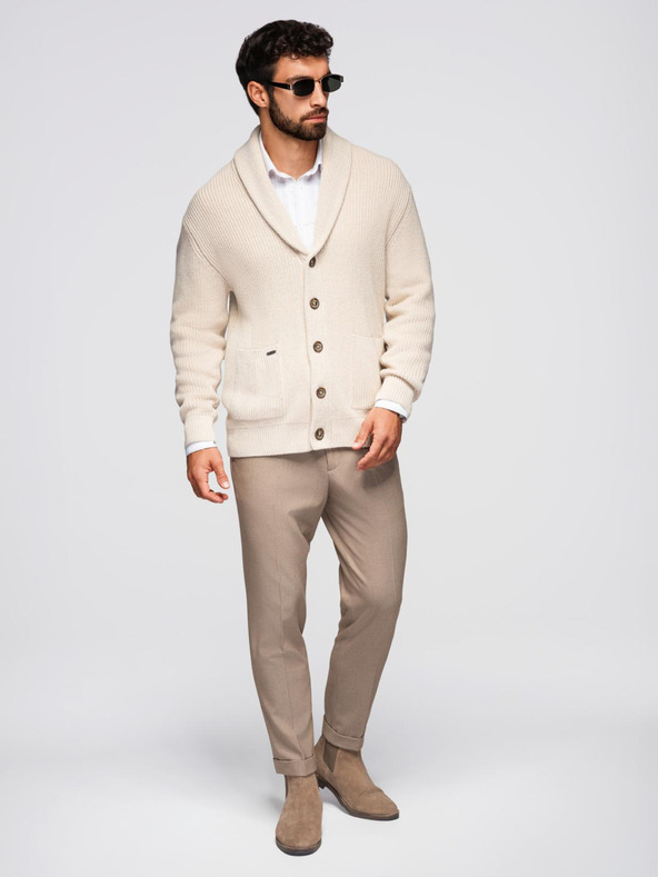 Ombre Clothing Мъжки памучен пуловер с шалов емка - бежов V2 OM-SWCD-0153 Ombre Clothing