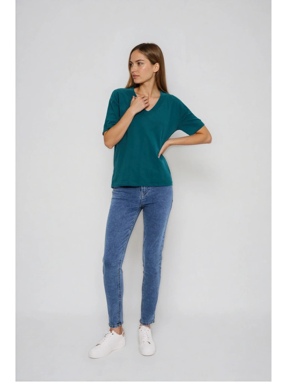 Moodo Памучна тениска с V-образно деколте зелена Moodo