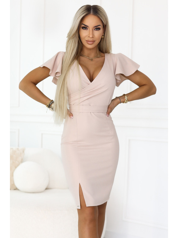 numoco NINA Елегантни рокля с обвивка деколте, ръкав и колан - бежови с блясък