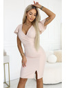 numoco NINA Елегантни рокля с обвивка деколте, ръкав и колан - бежови с блясък