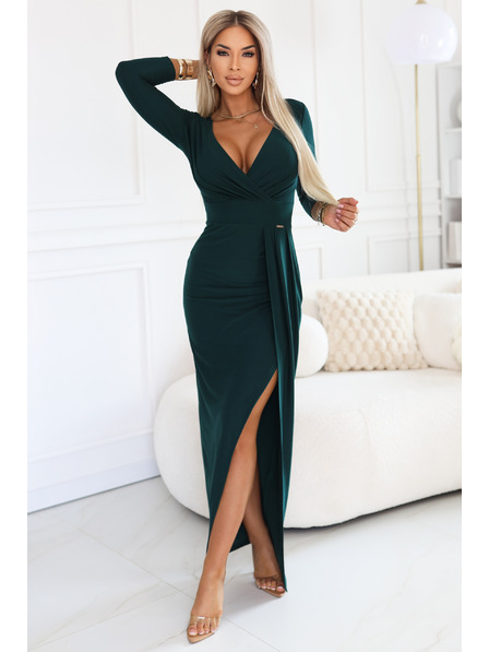 numoco Елегантна дълга рокля с пликов деколте и цепка - тъмнозелено