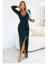 numoco Елегантна дълга рокля с пликов деколте и цепка - тъмнозелено