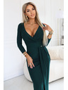 numoco Елегантна дълга рокля с пликов деколте и цепка - тъмнозелено