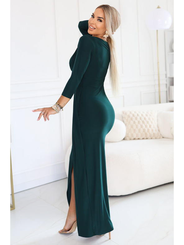 numoco Елегантна дълга рокля с пликов деколте и цепка - тъмнозелено
