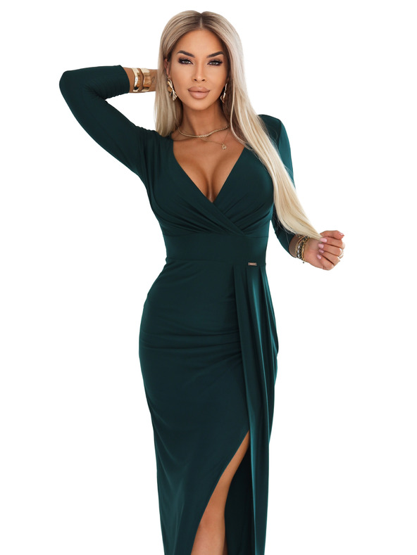 numoco Елегантна дълга рокля с пликов деколте и цепка - тъмнозелено