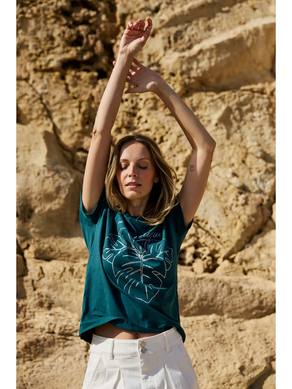 Moodo Памучна тениска с принт зелена Moodo