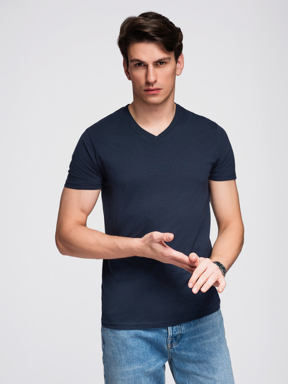 Ombre Clothing Мъжка памучна тениска BASIC с V-образно деколте - черна/морско синьо/тъмно маслинено V7 OM-TSBS-0281 Ombre Clothing