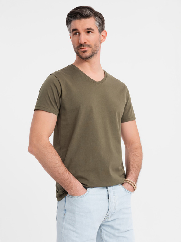 Ombre Clothing Мъжка памучна тениска BASIC с V-образно деколте - черна/морско синьо/тъмно маслинено V7 OM-TSBS-0281 Ombre Clothing